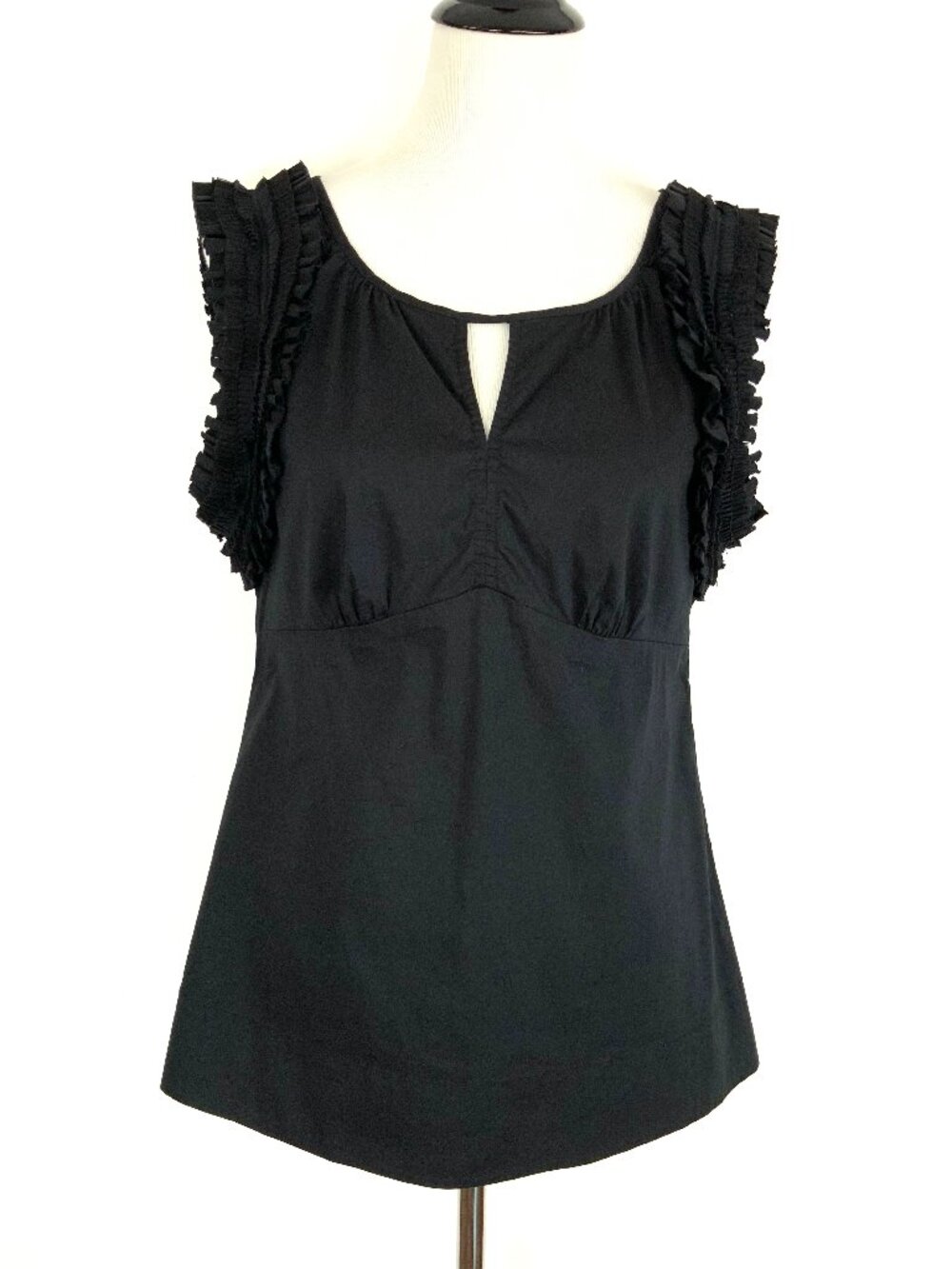 BCBGMaxAzria Black Cotton Blend Babydoll Sleeveless Pleated Ruffle Trim Sz M